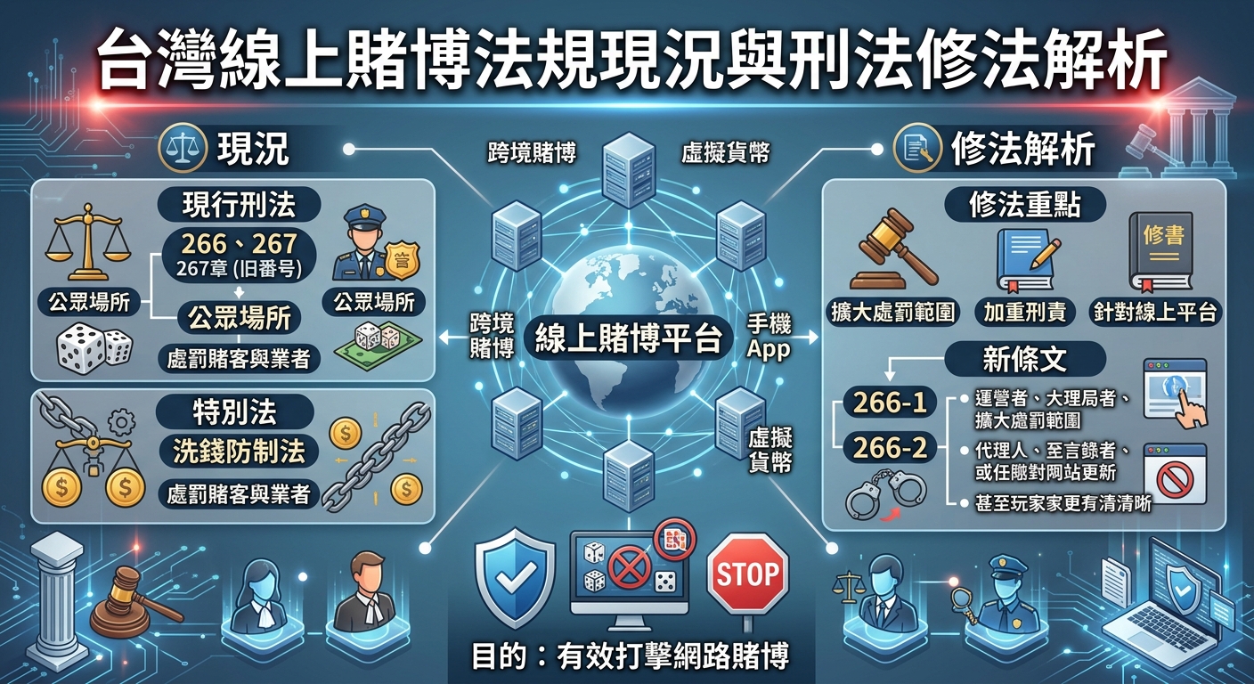 這幅圖表以藍色調為主的科技感背景，詳細呈現台灣針對線上賭博的法規現況與刑法修法重點。 透過左右對比的結構與警徽、法槌及網路圖示，清晰解析了現行法規漏洞與未來加重刑責的修法方向。
