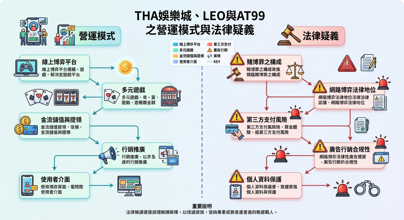 這張圖表說明了娛樂城平台的營運模式與法律疑義，左側展示遊戲與金流流程，右側標示出賭博罪、第三方支付風險及個人資料保護等法律問題。 頂部標題為「THA娛樂城、LEO與AT99之營運模式與法律疑義」，底部則附有法律與諮詢服務相關的專業說明。